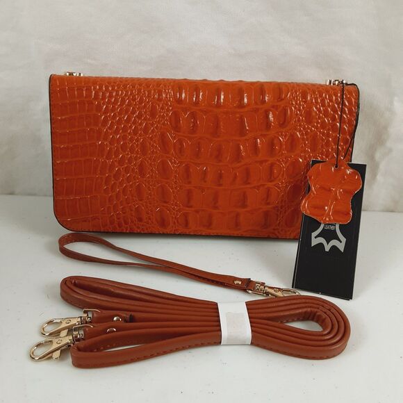 Melodie Cecile M.C. Orange Crossbody Wallet Croc Print Skin Leather Zip Around - Picture 1 of 16